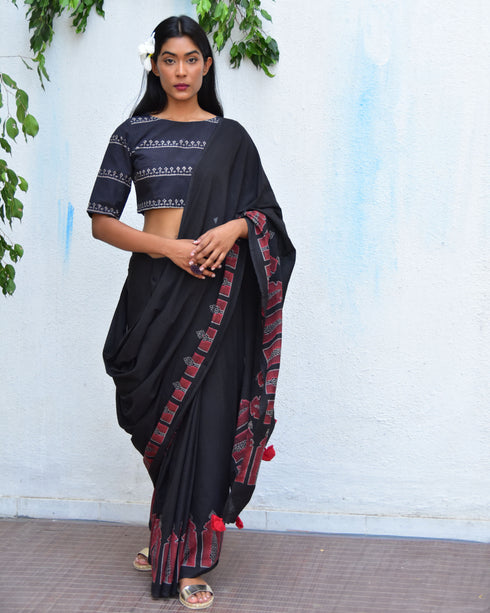 Moonlit Serenade Hand Block Printed Mulmul Cotton Saree